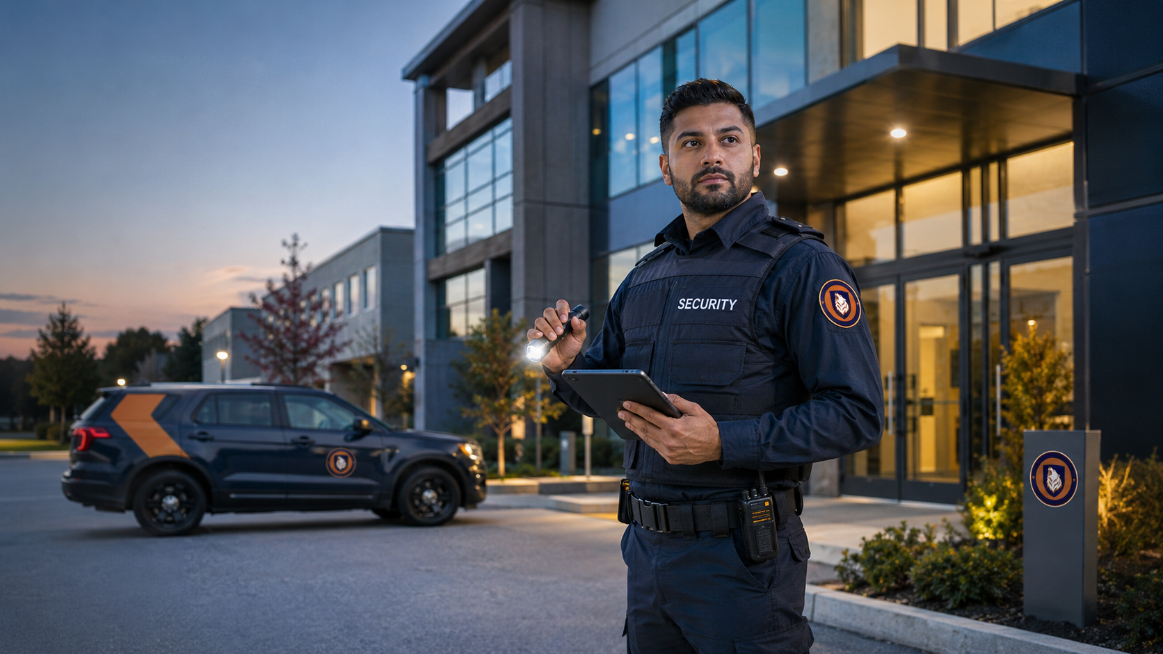 Zentra security professional outside a commercial property for alarm response.