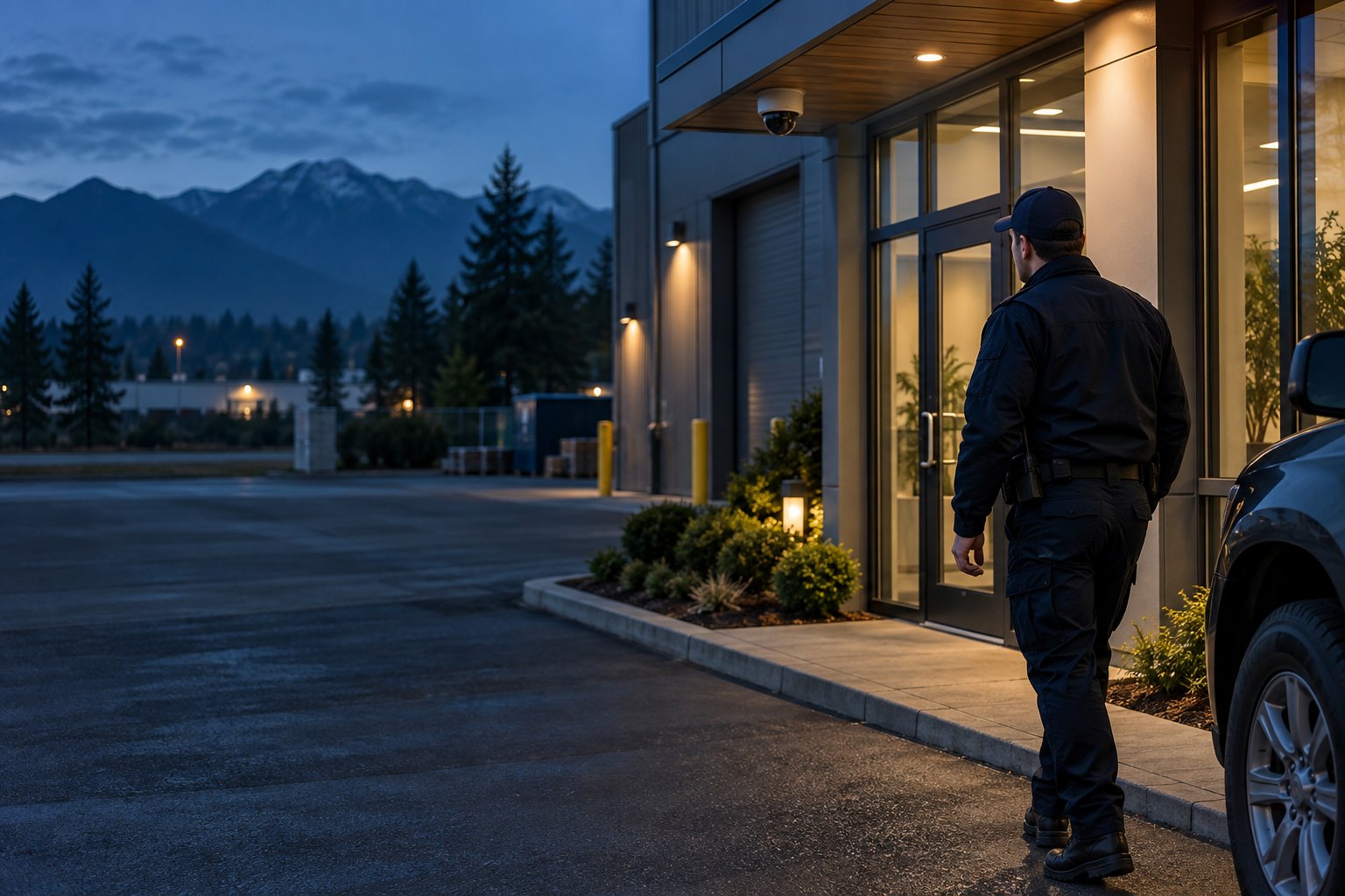 Security professional checking a Chilliwack commercial property with an exterior CCTV camera.