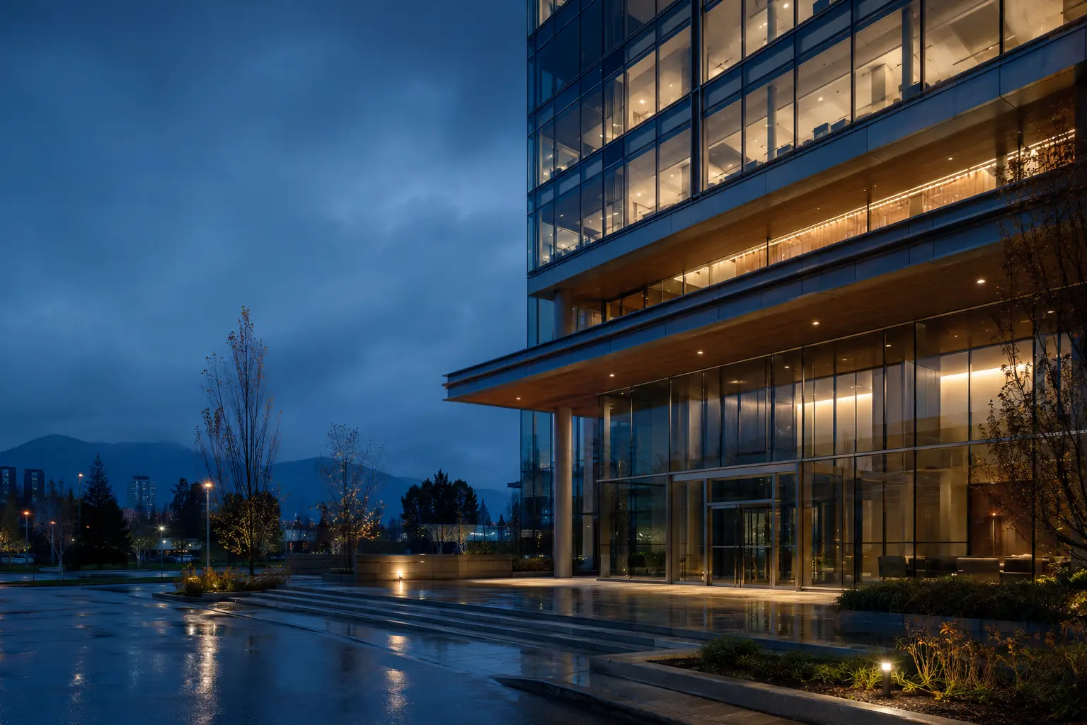 Illuminated commercial property entrance after hours