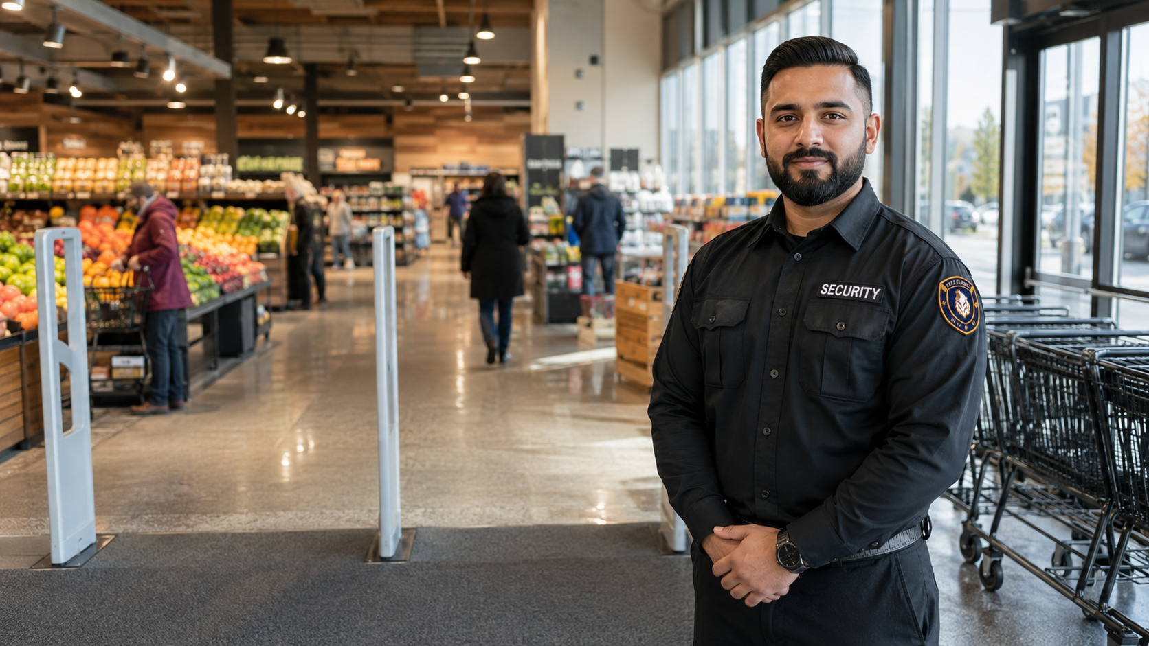 Professional security presence near a retail store entrance
