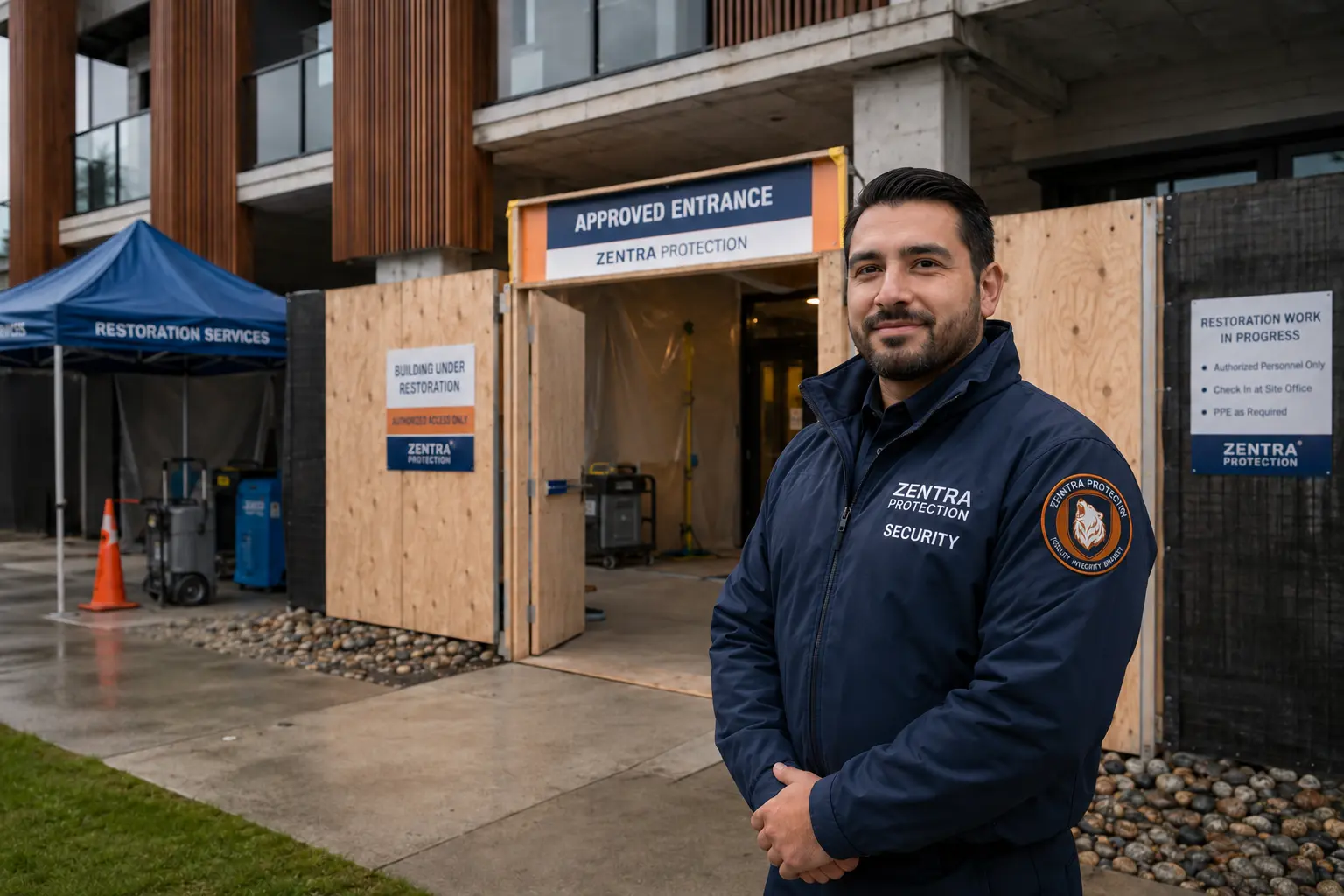 Restoration property with temporary access and site-security considerations