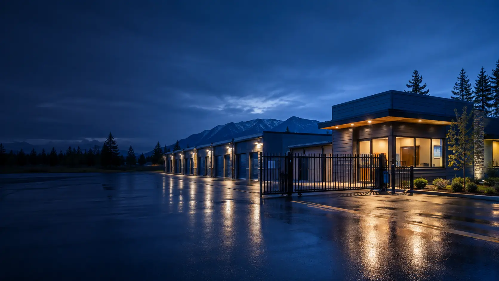 Self-storage facility entrance with controlled vehicle access