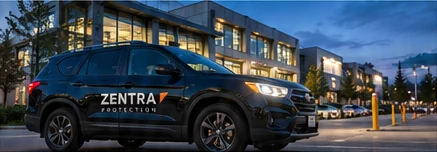 Illustrative patrol vehicle outside a commercial property