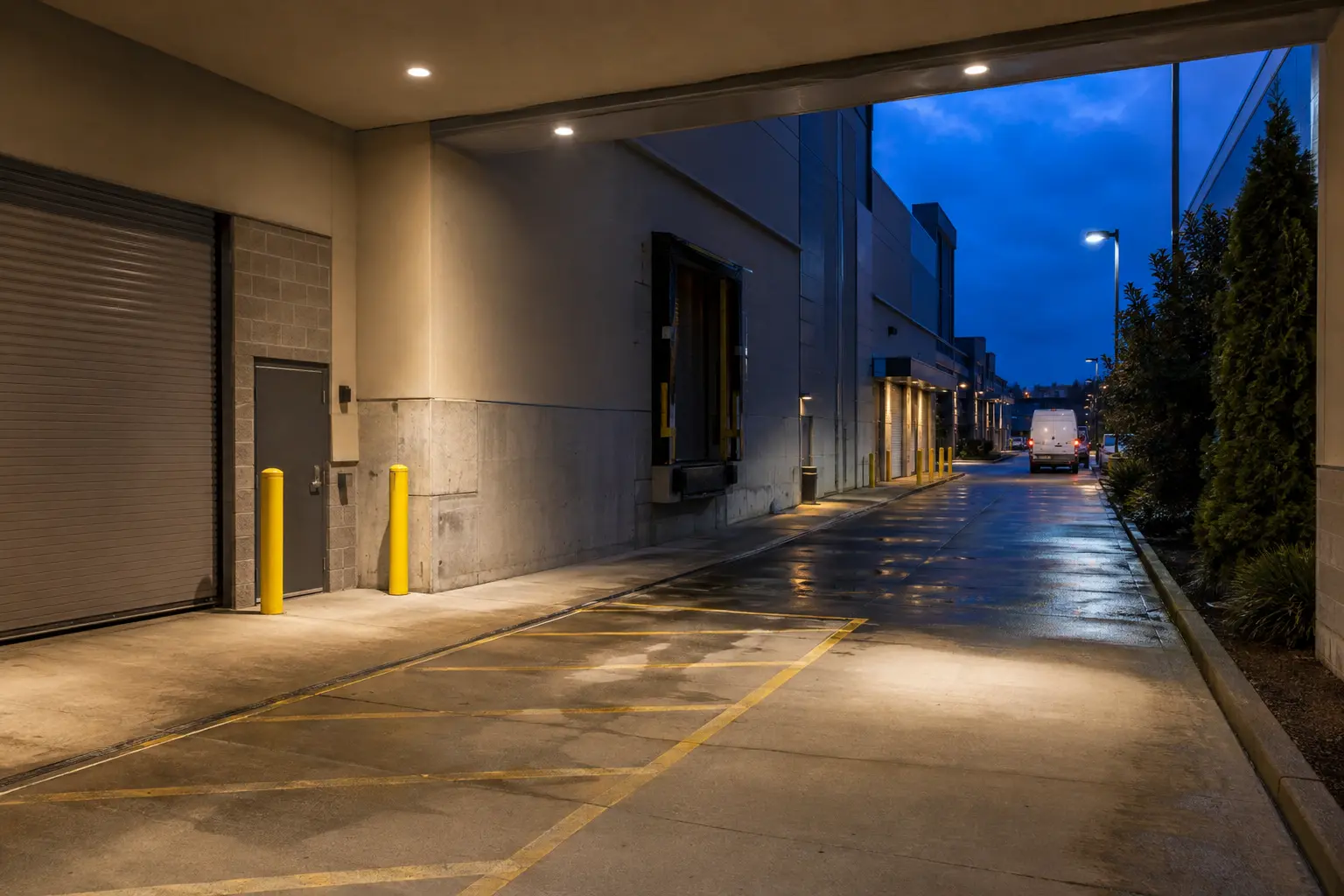 Well-lit shopping centre loading and service lane at closing time after light rain.