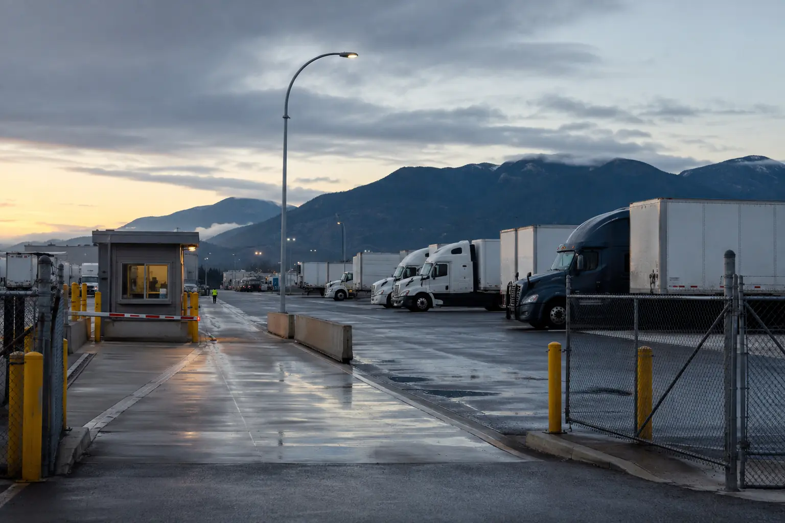 Industrial logistics yard with controlled gate and trailer lanes