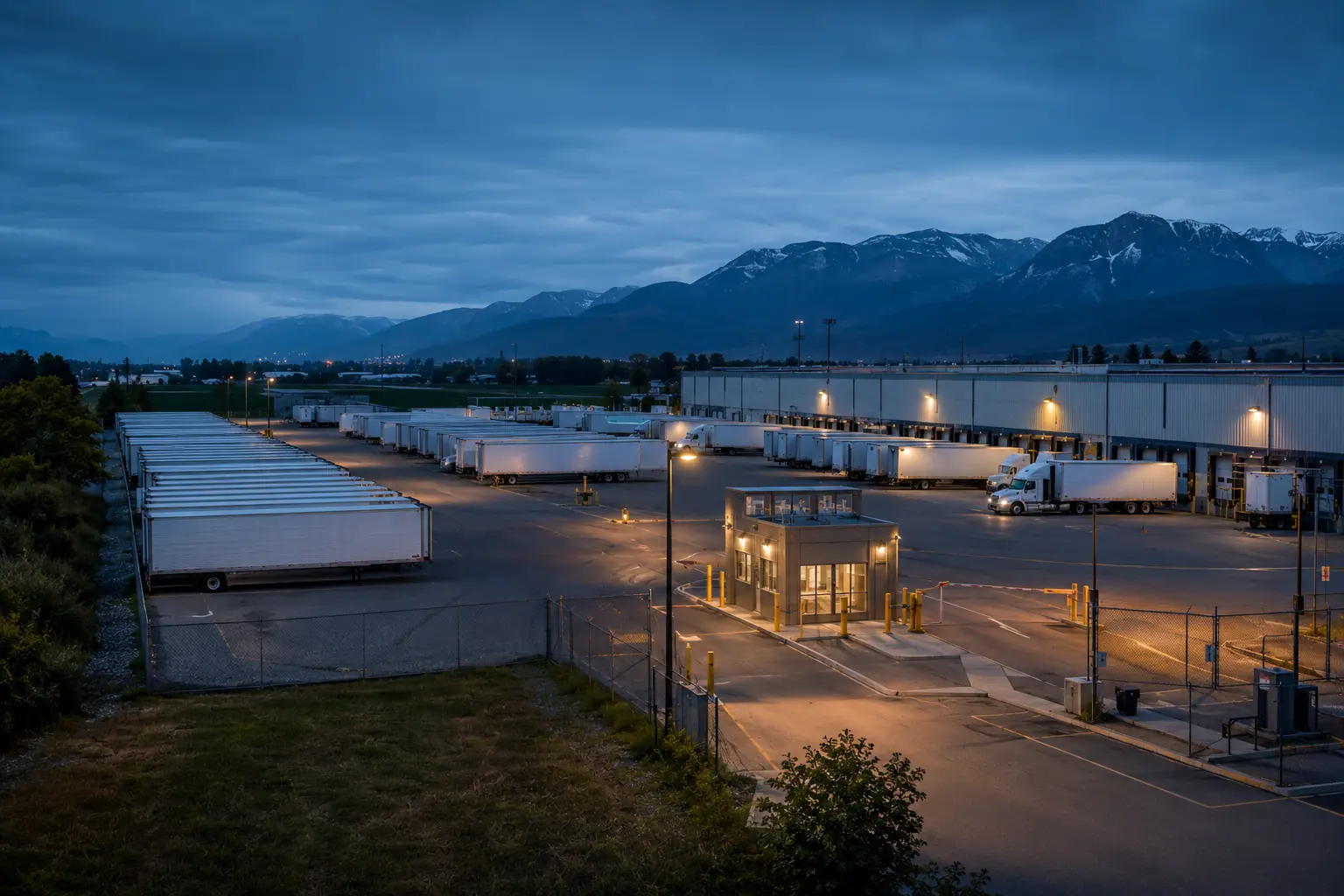 Truck yard and logistics property at dusk